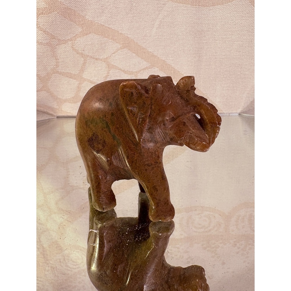 Vintage Hand Carved Brown Stone Elephant Figurine Trunk Up Good Luck 3 Inch